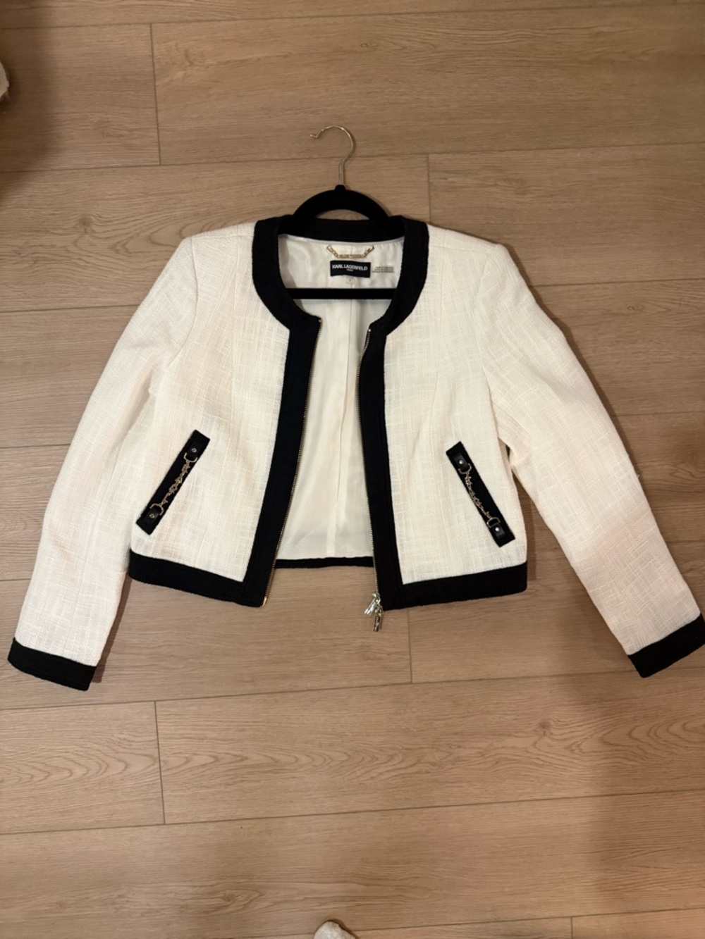 Karl Lagerfeld Cream Tweed Cropped Jacket with Black Trim